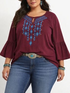 Ariat Jackson Tunic Top XL Boho Southwestern Embroidered Bell Sleeve Aztec